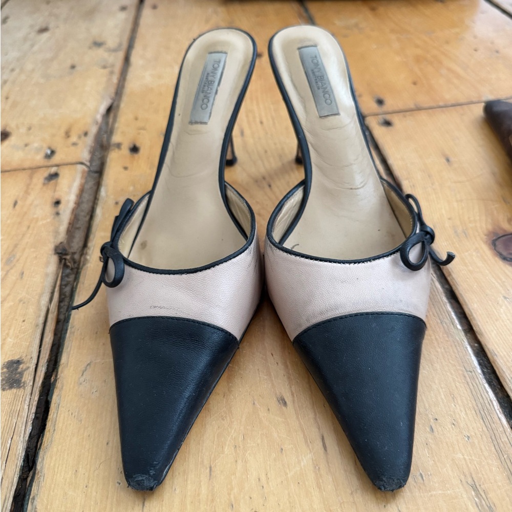 Tony Bianco Black and Cream Kitten Heel Mules